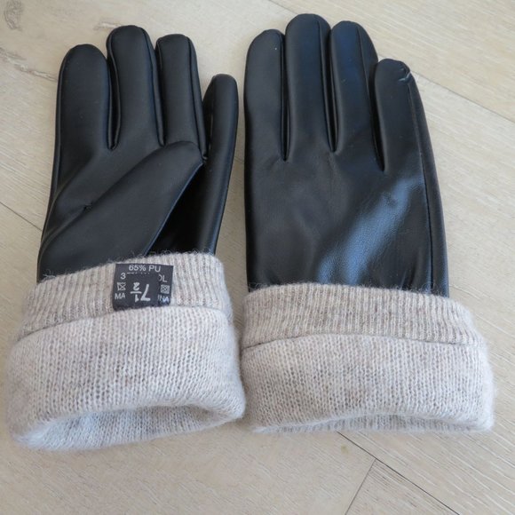 Womens Size 7.5 Driving Gloves Faux Black Leather Wool Knit Lined NEW - Picture 4 of 8